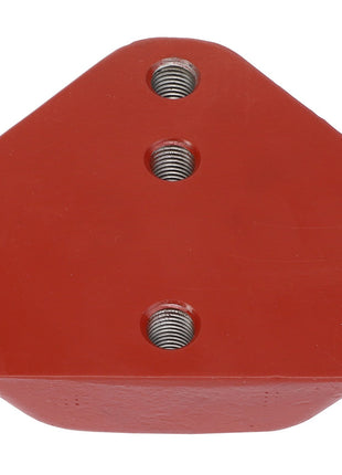 Product Description: The AGCO | Stop - 4389017M1 by AGCO is a red, triangular industrial component featuring three threaded holes aligned vertically.