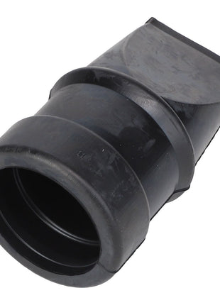 A black rubber coupling with a corrugated texture and an angled end, perfect for use in Massey Ferguson MF machinery, known as the AGCO Dust Discharge Valve - 716200090100.