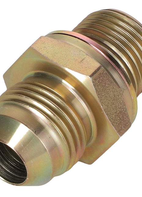 The AGCO REDUCING UNION - AL5027978 is a brass male threaded pipe fitting with two hexagonal nut sections, ideal for securely connecting pipes or fittings in fluid or gas systems.