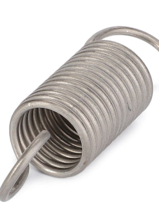 A close-up of the AGCO Pulling Spring - F281870062040, which is a cylindrical and densely coiled metal tension spring featuring loops on both ends.