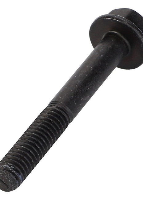 The AGCO Slotted Hex Flange Head Screw - Acw2920460 is a black hex flange bolt featuring a threaded bottom and a smooth top section. It is designed for fastening in various machinery and applications, providing durable, reliable connections and optimal performance in numerous mechanical setups.