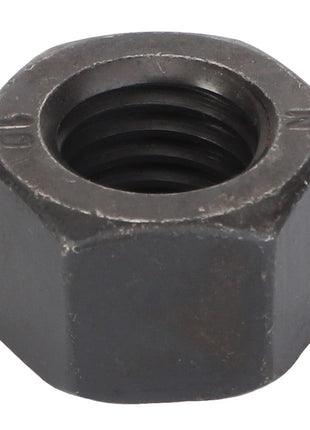A close-up image of a metal hex nut with internal threading, specifically the AGCO | NUT - F712301020110 by AGCO, commonly used in conjunction with bolts for fastening purposes. No current product description information available.