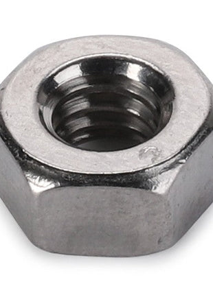 Close-up of the AGCO | HEX NUT - AG515123 with internal threading, used in conjunction with a bolt to fasten materials together.