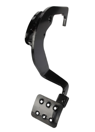 The AGCO Brake Pedal - Acw0224640 is a robust black metal brake pedal assembly featuring a versatile mounting bracket and several holes for easy adjustments, ensuring seamless compatibility and optimal performance.