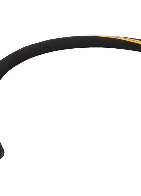 Product: An AGCO hydraulic hose, model 112016W1, featuring a curved black rubber design with a yellow stripe along one side.