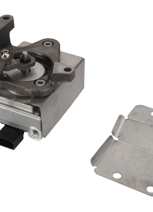 No current product description is available, but the AGCO Kit, Actuator - Acp0515990 features connectors and attached linkages, positioned next to a separate metallic bracket on a white background.