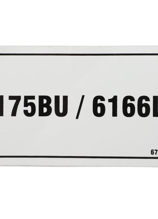 A pristine white rectangle label from AGCO showcasing "175BU / 6166L" in bold black letters. In the bottom right corner, a smaller font reveals the number "67667". The product is identified as Decal - Acp0008990.