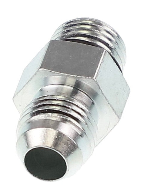 Close-up of the AGCO ADAPTER FITTING - AG334117, featuring threaded ends, a hexagonal middle section, and a tapered opening. Made of stainless steel, this item currently has no product description information available.