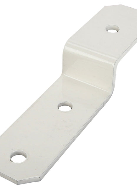 The AGCO BRACKET - D28185999 is a metal component featuring three round holes for mounting or support purposes, and it includes an angular bend in the middle to provide added stability.