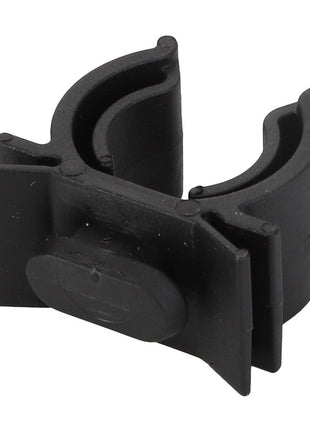 The AGCO | Support - Acw9150490, a black plastic pipe clip with a U-shaped opening and securing latch, is designed for clamping and holding cylindrical objects.
