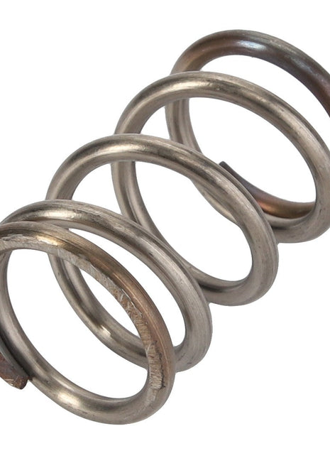 The AGCO Spring - AL5021940 by AGCO is a metallic coil spring showcasing four visible loops, with a cut on one end. Its slightly tarnished surface enhances its rugged appeal. No current product description information is available.