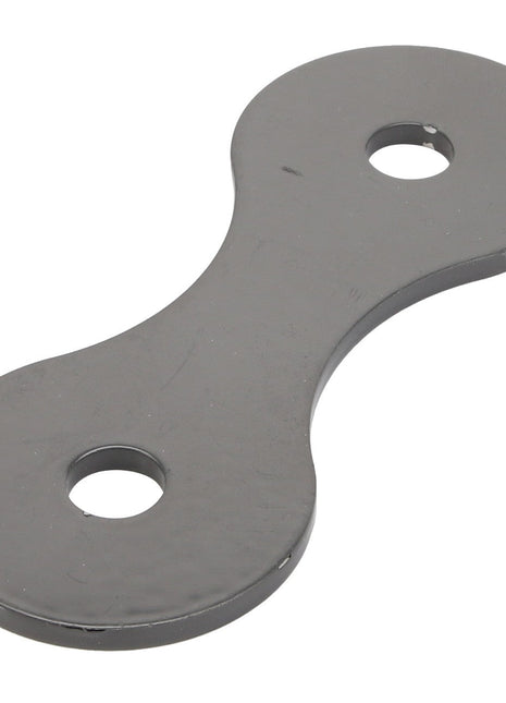 A flat, gray, double-hole metal connecting plate with an elongated, symmetrical shape, known as the AGCO Spacer - Acw1956010 by AGCO.