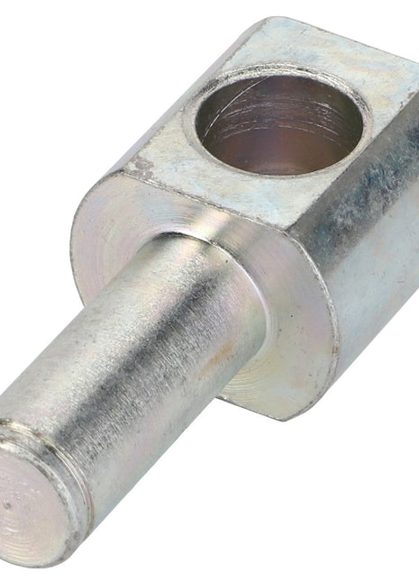 The AGCO Ball Joint - La322010550, produced by AGCO, is a cylindrical metal component with a hollow rectangular head that includes a circular hole.