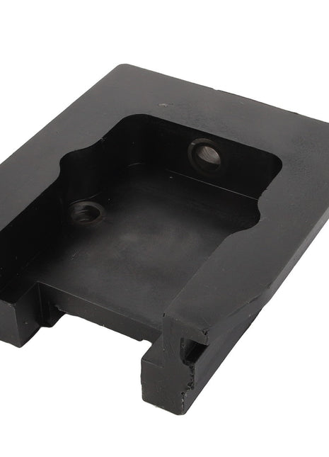 The AGCO Bracket - Acp0284400 is a black, rectangular metal component featuring two recessed holes and a central indentation. Currently, there is no additional product description available.