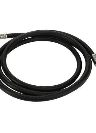 The AGCO | High Press Hose - Acx354273A, a premium black rubber hose from AGCO, features integrated metal connectors on each end for easy attachment to fluid or gas systems. It is neatly coiled in a single loop for convenient use.