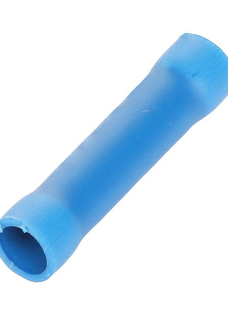 A close-up image of an AGCO | CONNECTOR - AG558966, a blue plastic butt connector designed for joining two electrical wires.