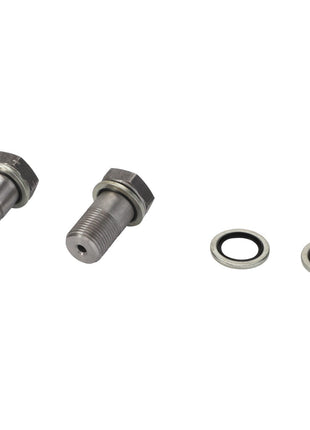 Two AGCO metal bolts and two AGCO washers with rubber inner rings from the PARTS KIT - F931870051140 are placed on a white surface.
