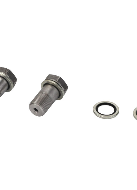 Two AGCO metal bolts and two AGCO washers with rubber inner rings from the PARTS KIT - F931870051140 are placed on a white surface.