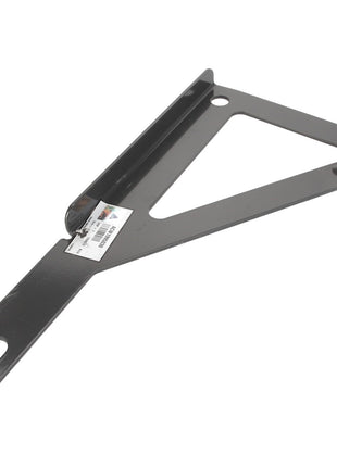 The AGCO Left Hand Bracket - Acw1995030 is a triangular metal bracket with an elongated arm and a screw attachment point, featuring a white label with barcodes. No current product description information is available.