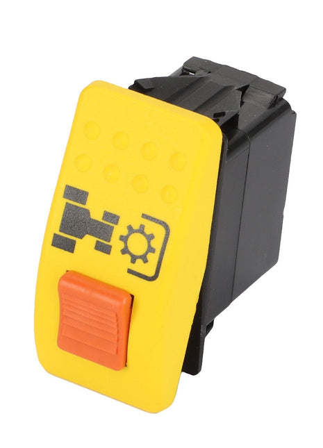 The AGCO | Switch, Indirect - 3783086M1 is a yellow and black dashboard switch with an orange button, featuring an icon that displays a vehicle differential symbol. It is compatible with Massey Ferguson Models.