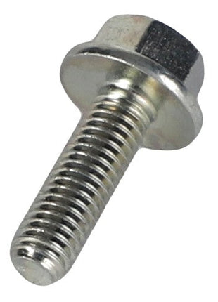The AGCO Hex Flange Head Machine Screw - Acw1955210 is depicted from an angle, showcasing its hexagonal head and shiny finish with a partially threaded shaft. No current product description information is available.