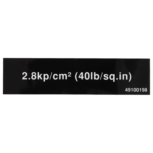 A black label displaying "2.8 kp/cm² (40 lb/sq.in)" and the number "49100198", corresponding to the product AGCO | DECAL - D49100198 by AGCO. No further product description is available.