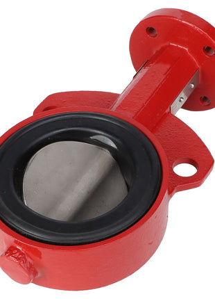 Image of the AGCO Butterfly Valve - AG059010, featuring a red industrial design with a central circular metal disk for regulating flow. No current product description available.