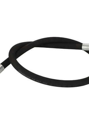 The AGCO Hose - Acw3635070 by AGCO is a flexible black hose featuring metal connectors on both ends, designed to be coiled in a loop. No current product description information available.