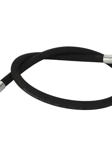 The AGCO Hose - Acw3635070 by AGCO is a flexible black hose featuring metal connectors on both ends, designed to be coiled in a loop. No current product description information available.