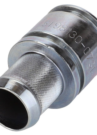No current product description is available for the AGCO Hose Barb - F530200090710, a cylindrical metal pipe fitting with a textured grip. The fitting features an engraved number and appears to be made of steel.