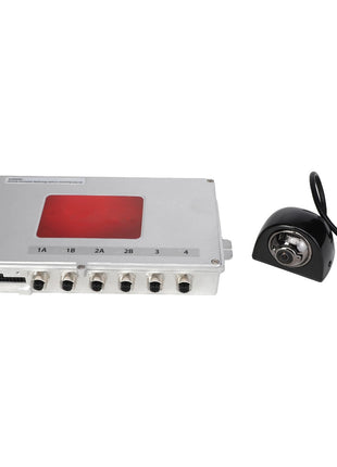 A metal electronic junction box with multiple ports labeled 1A, 1B, 2A, 2B, and 4 sits beside the AGCO Camera - Acw2161740, a black dome-shaped camera with a connecting cable and connector. No current product description information is available for these items.