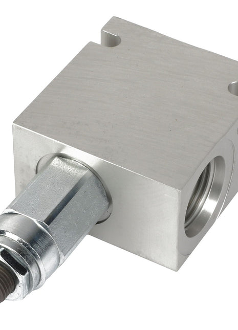 The AGCO | Relief Valve - Acw4054750 by AGCO is a metal hydraulic flow control valve with threaded connectors and ports, featuring a square body and a protruding cylindrical component. No current product description information available.