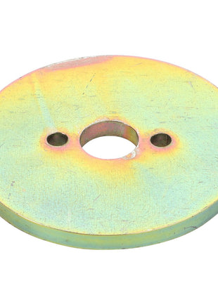 The AGCO | Disc - Lm04058182 is a circular metal disc featuring one large central hole and two smaller symmetrically aligned holes on either side. The iridescent surface of the disc gleams like the bodywork of a Massey Ferguson.