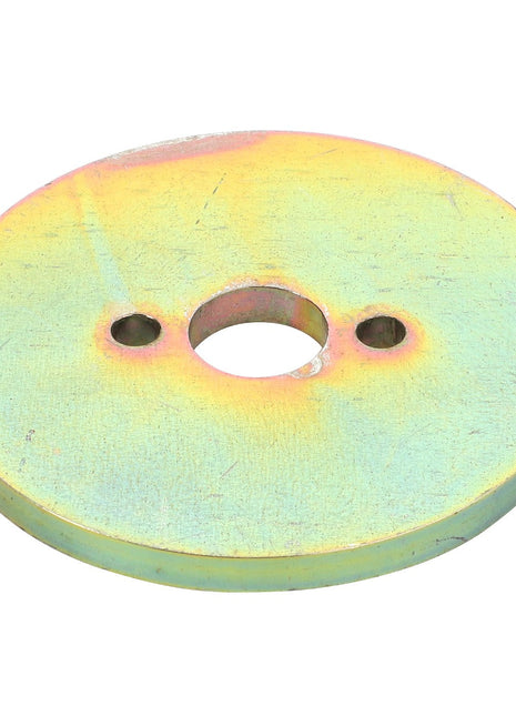 The AGCO | Disc - Lm04058182 is a circular metal disc featuring one large central hole and two smaller symmetrically aligned holes on either side. The iridescent surface of the disc gleams like the bodywork of a Massey Ferguson.