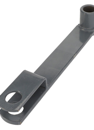 The AGCO | ARM - D26734030 by AGCO is a gray metal bracket that features a cylindrical bushing on one end and a slotted, curved plate with a circular hole on the other. Currently, no product description information is available.