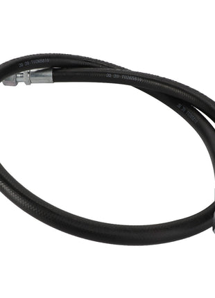 The AGCO | Hose - Acw0941640 by AGCO is a black flexible hose featuring metal fittings at both ends and is coiled in a circular shape.