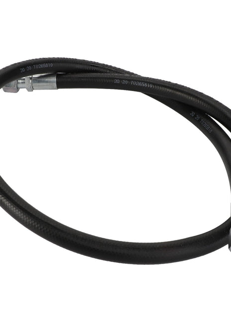 The AGCO | Hose - Acw0941640 by AGCO is a black flexible hose featuring metal fittings at both ends and is coiled in a circular shape.