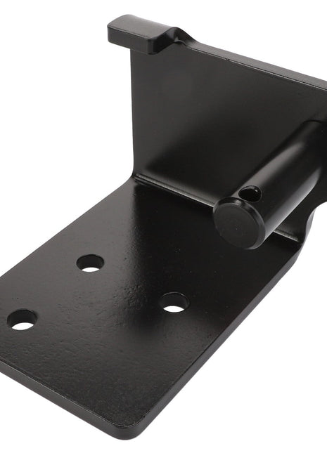 The AGCO Bracket - Acp0233320, from the renowned brand AGCO, is a metal bracket with a sleek black finish featuring three circular holes and a cylindrical peg on one side.