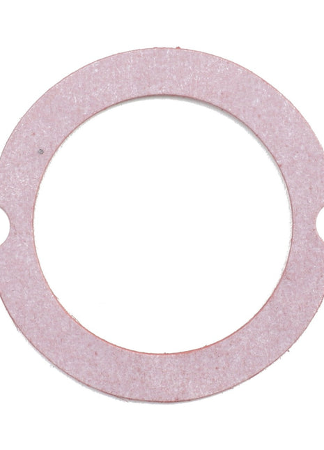 The AGCO Gasket - 3284112M2 is a round gasket with two small protruding tabs, each featuring a hole for mounting, designed specifically for Massey Ferguson models to prevent leakage effectively.