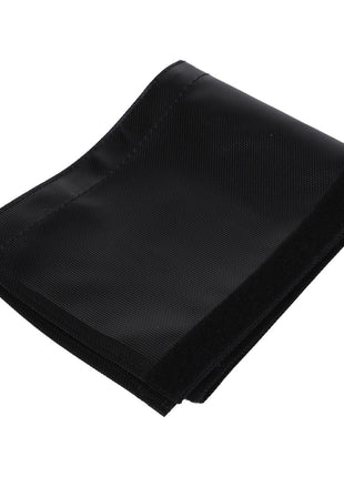 The AGCO | HOSE PROTECTOR - AL5221970 is a folded black mesh and fabric pocket with Velcro edges, perfect for storage or organization purposes.