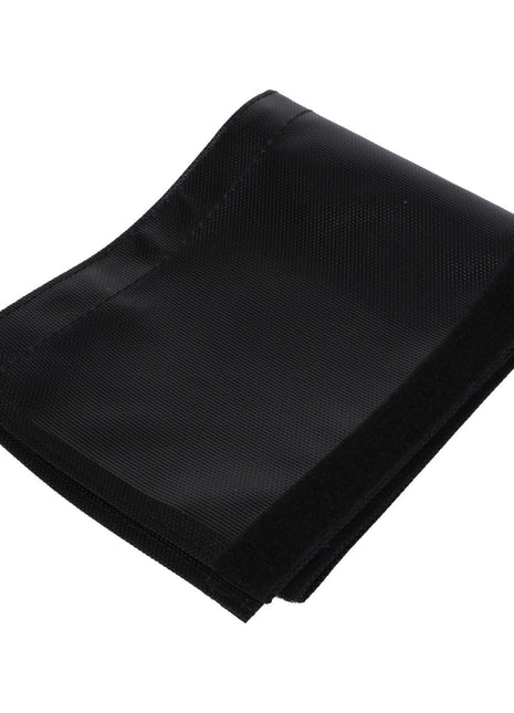 The AGCO | HOSE PROTECTOR - AL5221970 is a folded black mesh and fabric pocket with Velcro edges, perfect for storage or organization purposes.