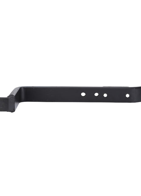 The AGCO Lower Link Arm, Ball End - Acp0327880 is a black metal control arm with a rectangular shape, featuring mounting holes and attachment points on both ends. It is an essential part of AGCO Parts' hitch and linkage components.