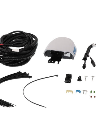 Photo of an AGCO GPS Antenna kit (Model: ACW8576390) with various components, including cable bundles, connectors, zip ties, a white box module, and installation hardware. Currently, no detailed product description is available.