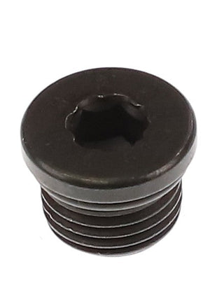 The AGCO | PLUG - AG335036, a black Torx screw plug from AGCO, features a star-shaped drive head and a threaded body, showcasing precision engineering in its design.