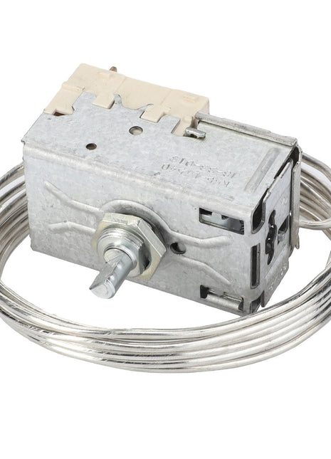 The AGCO | SWITCH - V30415220 by AGCO is a metallic thermostat featuring an attached coiled wire and a protruding knob for precise adjustment and temperature control.