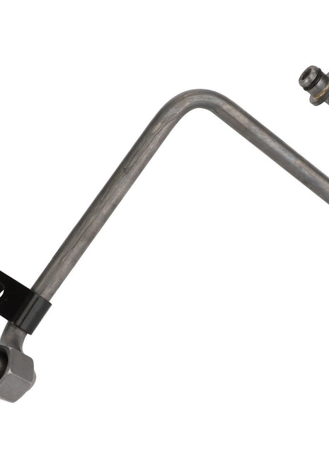 The AGCO Coolant Line - Acp0433040 features metal construction with fittings at both ends—one straight and one angled—and includes a sturdy mounting bracket attached in the middle.