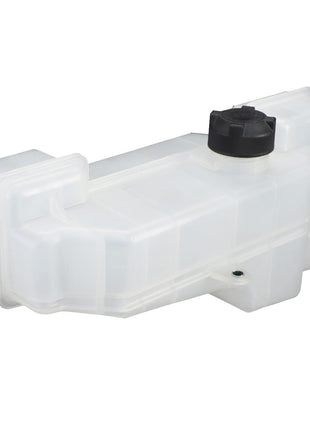 The AGCO Expansion Tank, Threaded Cap (Cap Included) - Acp0336010 is a white polypropylene plastic automotive coolant reservoir tank featuring a black cap and two mounting points, designed to manage coolant overspill effectively.