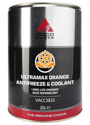 A 20-liter tin of AGCO Parts Ultramax Orange Antifreeze & Coolant from AGCO, utilizing long-life organic acid technology and designed for heavy-duty use. The tin, which features a snowflake logo, is identified by product code VACC3833.