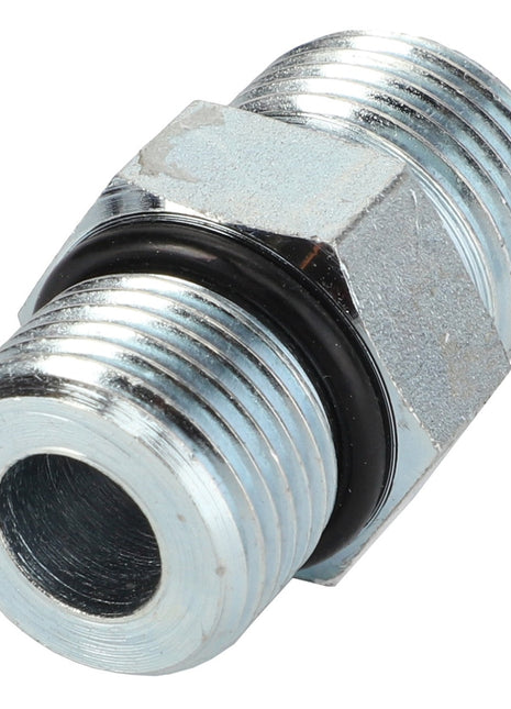 The AGCO adapter, model AG126302, is a metallic hexagonal pipe connector with threaded ends and a durable black O-ring in the center, ensuring reliable performance.