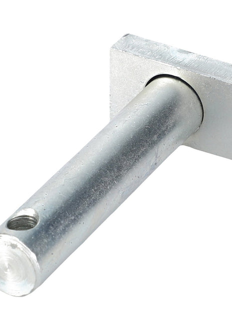 The AGCO Pin Hitch - Acp0278790 is a metal pin with a square base and a rounded shaft, featuring a small hole near one end, making it ideal for hitch linkage components.